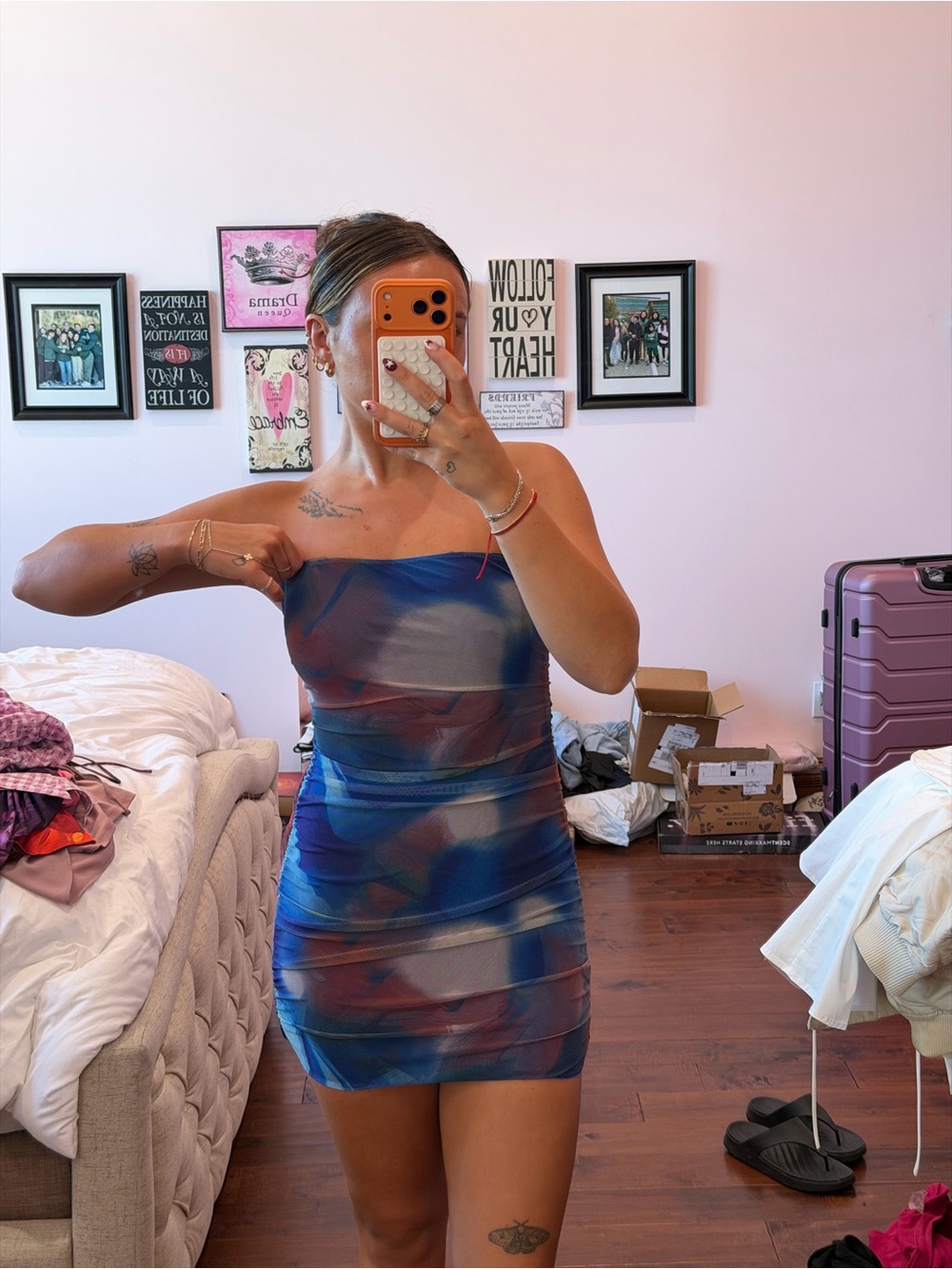 Strapless Blue Multicolor Mesh Bodycon Dress